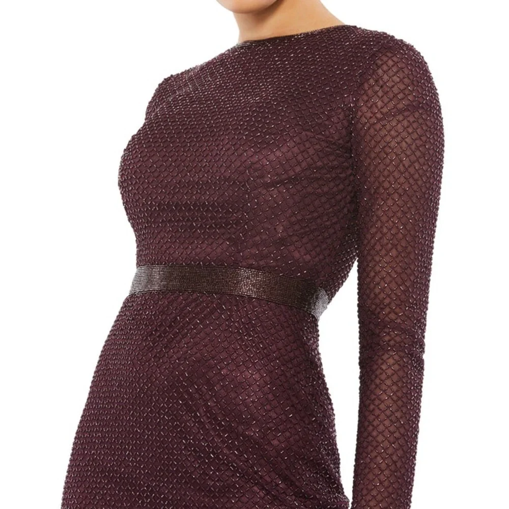 Mac Duggal Purple Plum Lattice Beaded Long Sleeve Modest Formal Midi Dress - Picture 8 of 16
